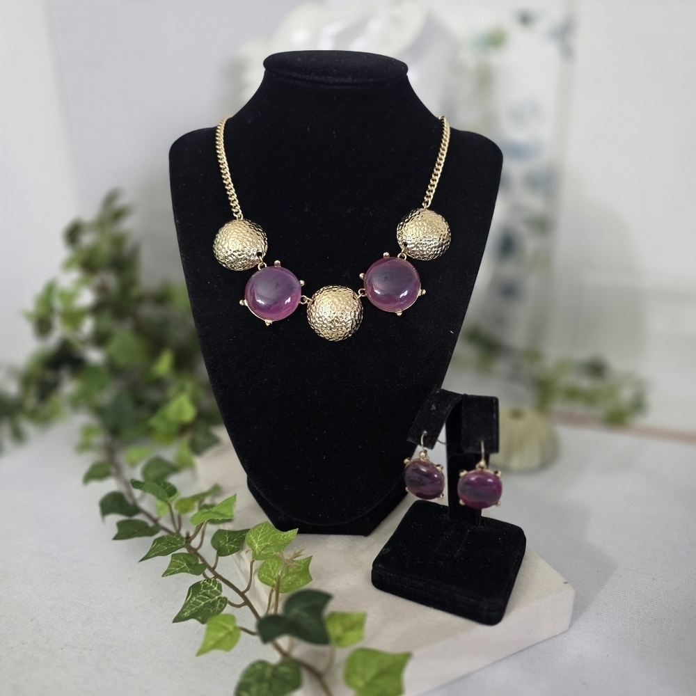 Chunky Gold Link Necklace & Drop Earrings Set - Marbled Amethyst Tone
